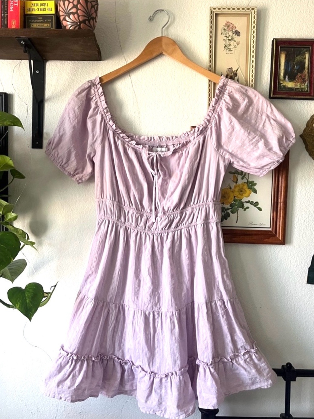 Lost + Wander Lilac Puff-Sleeve Tiered Mini Dress - Medium - Cottagecore Boho
